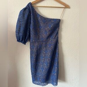 Dress the Population Gabrielle Lace One Shoulder Mini dress in Blue- Size S